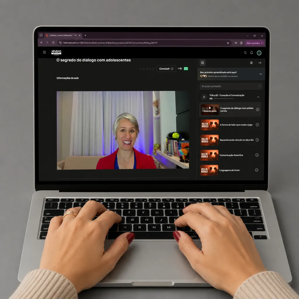 Mãos digitando no notebook com uma aula da Academia da Família aberta