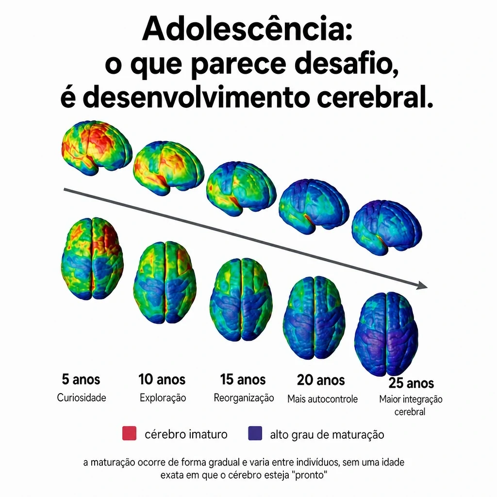 Mapa de maturação do cérebro entre os 5 e os 25 anos: regiões em vermelho e amarelo, ainda imaturas, dão lugar gradualmente a regiões em azul e roxo, de alto grau de maturação