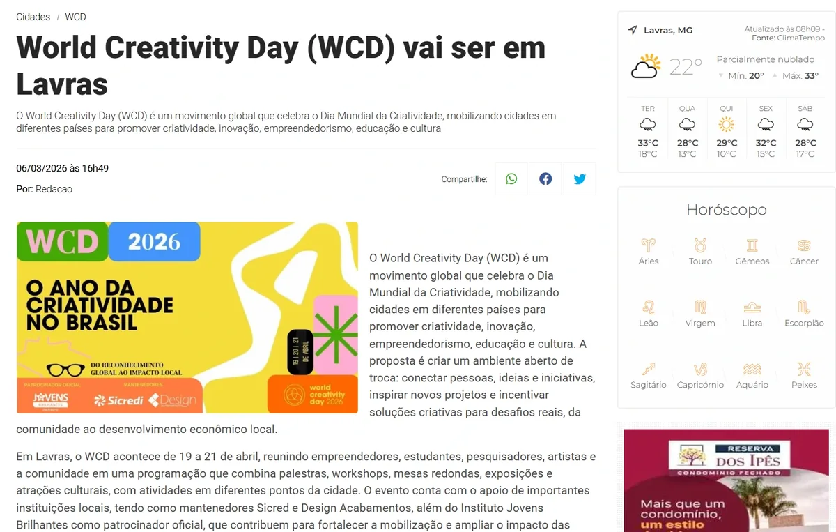 World Creativity Day (WCD) vai ser em Lavras